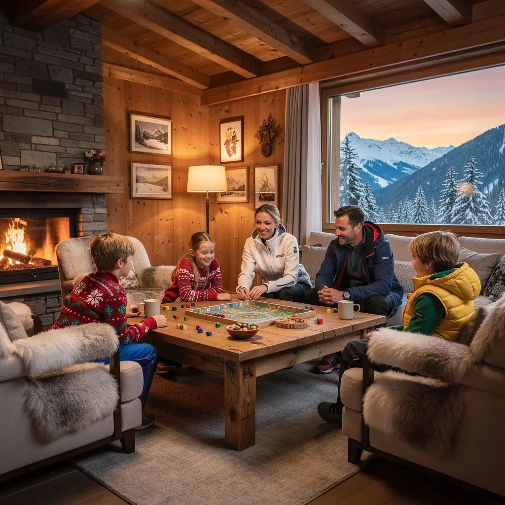 Gemütlicher Wohnbereich eines Chalets mit Kamin, Holzinterieur und großen Fenstern für viel Tageslicht.