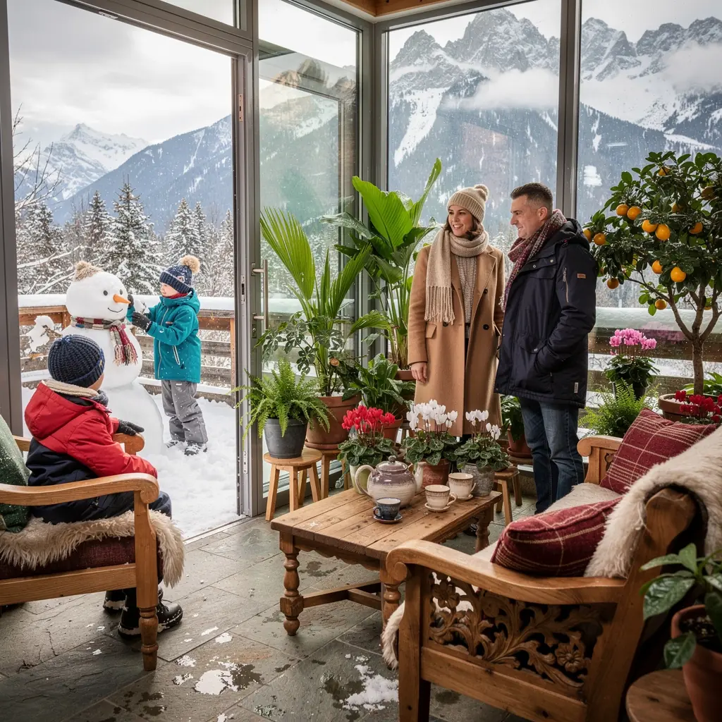 Skifahrer, die direkt vor ihrem Chalet in die Piste einsteigen, während die Sonne über den Alpen aufgeht.