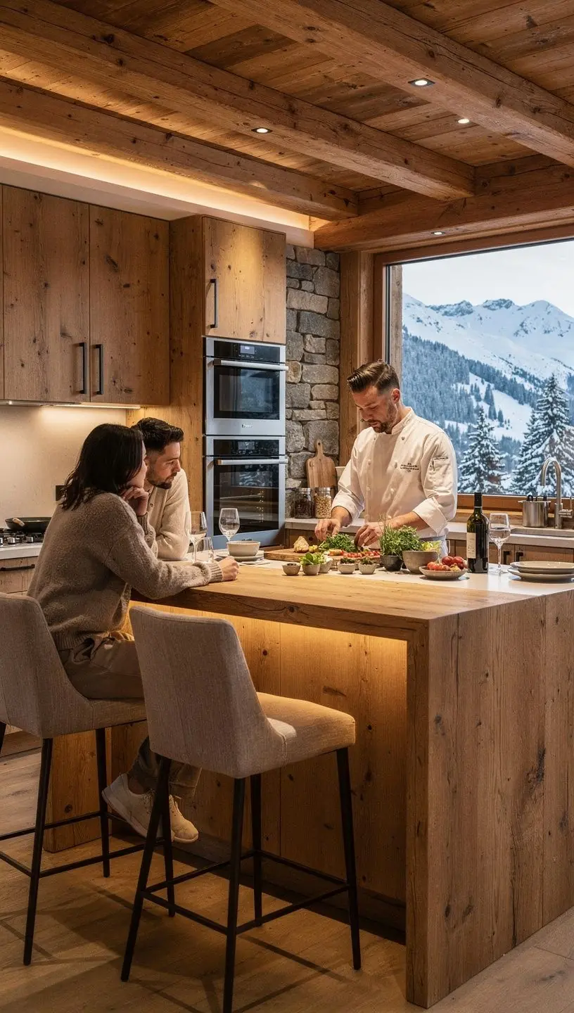 Skifahrer, die direkt vor ihrem Chalet in die Pisten einsteigen, umgeben von schneebedeckten Bergen.