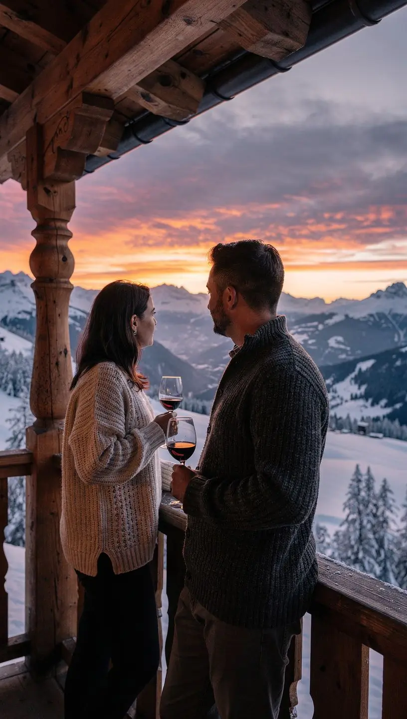 Eine gemütliche Innenszene eines Chalets mit einem Kamin, modernen Möbeln und Blick auf die Berglandschaft.