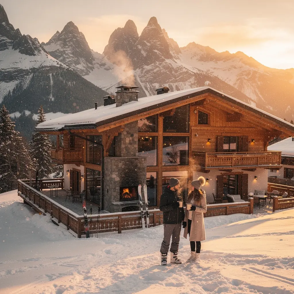 Ein luxuriöses Chalet in den Alpen mit atemberaubender Bergansicht und einem einladenden Balkon.