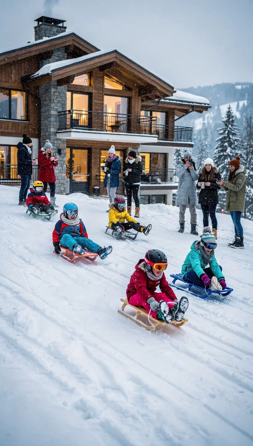 Ein luxuriöses Chalet in den österreichischen Alpen, umgeben von schneebedeckten Bergen und dichtem Wald.
