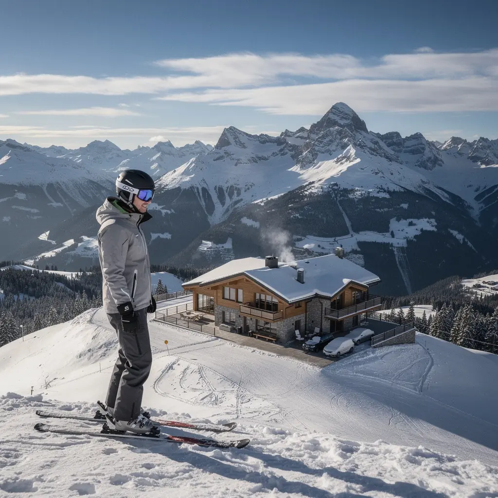 Elegantes Interieur eines Luxus-Chalets mit Holzverkleidungen und einem Kamin.