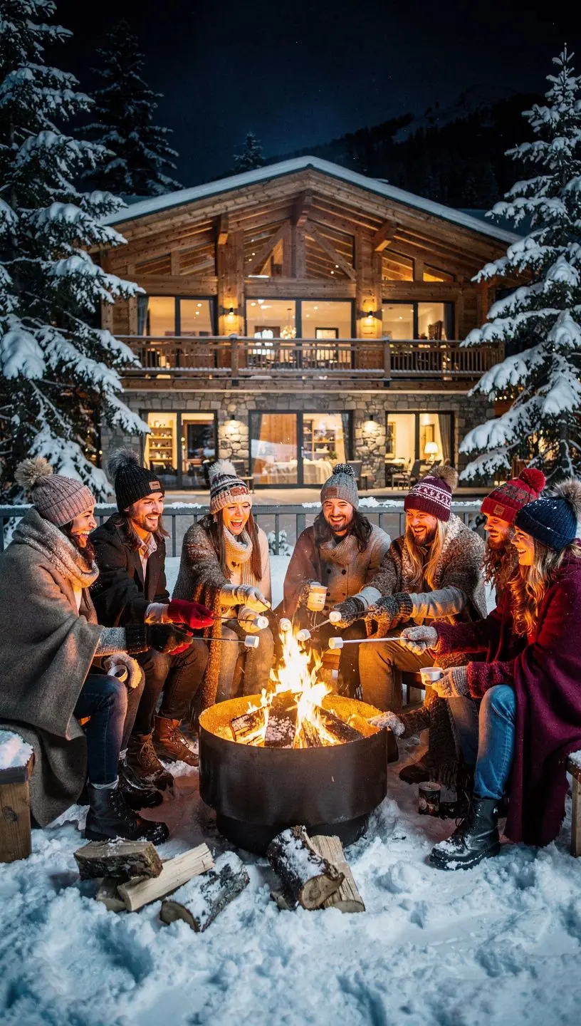 Terrasse mit Outdoor-Möbeln und Blick auf die Skipisten.
