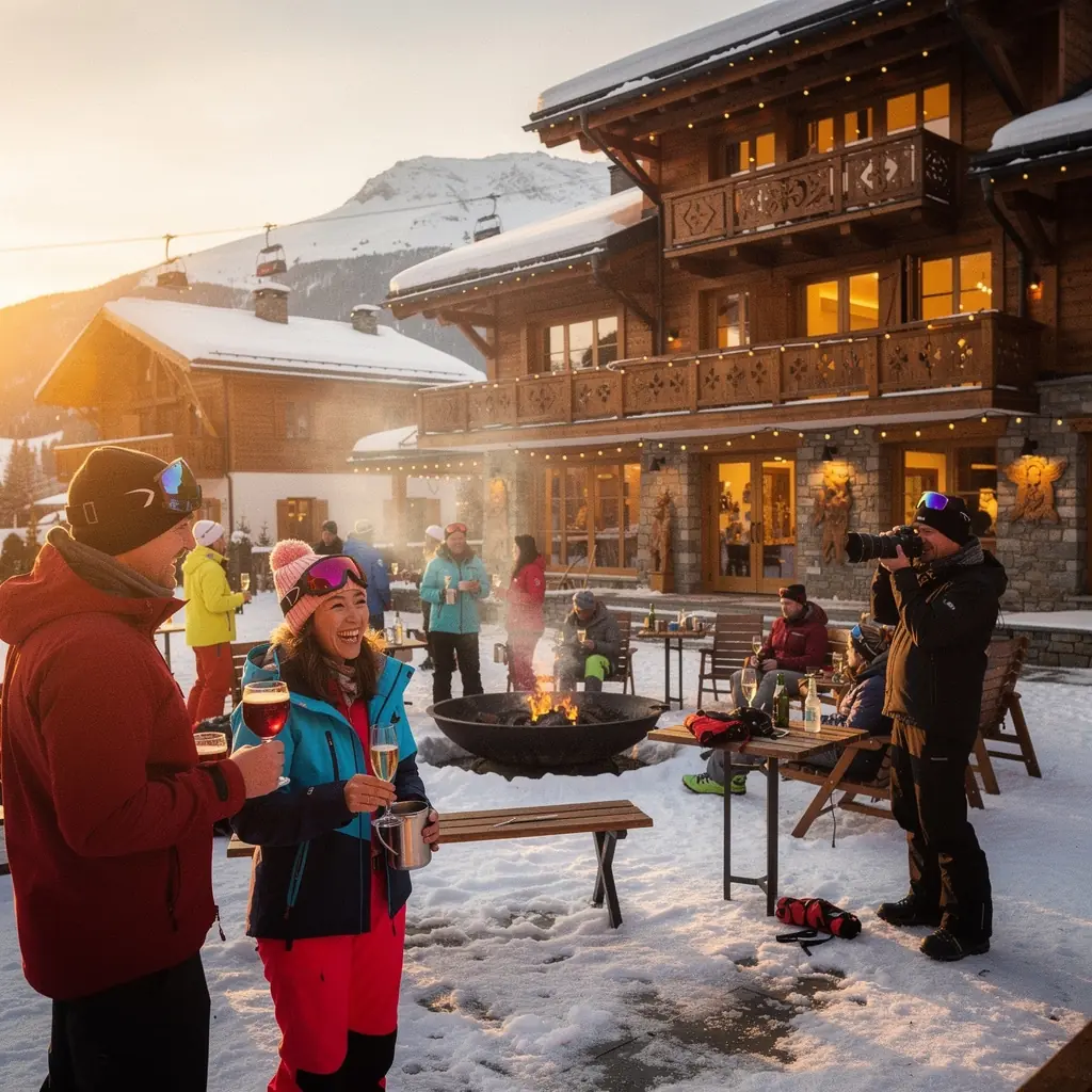 GemГјtliches Chalet mit Blick auf die verschneiten Alpen und einer einladenden Terrasse.